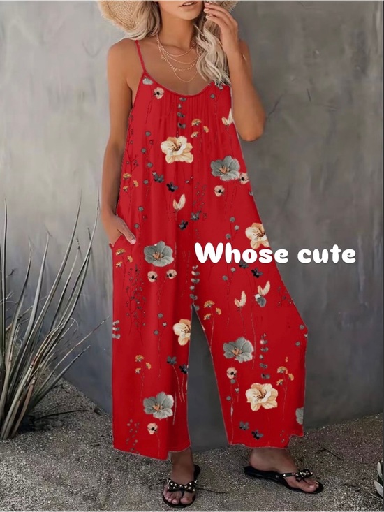 Hiddenbrand Pants - Red Floral Wide-Leg Jumpsuit New Boutique